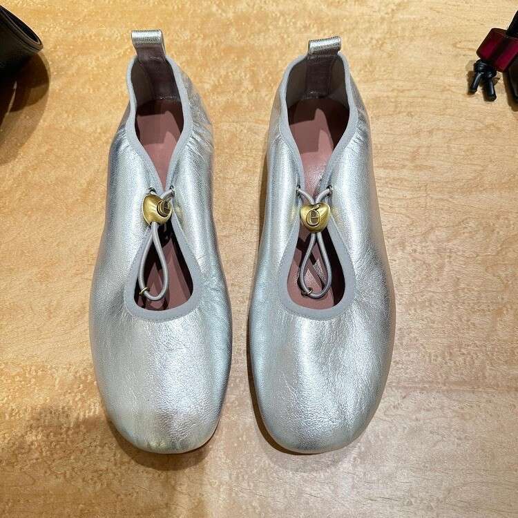 Korean Style Genuine Leather Niche Silver Flat Ballet Drawstring Round Toe Mary Jane Single Shoes Women Spring Autumn New Loafers