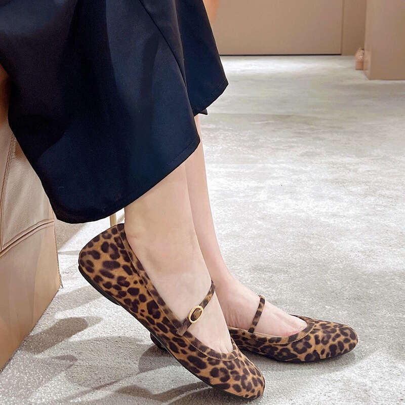 Genuine Leather Shallow Mouth Round Toe One-Strap Mary Jane Leopard Print Single for Women Summer Autumn New Ballet Flat Shoes