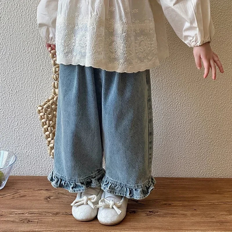Kids Jeans Girls 2024 Spring Autumn Childrens Fashion Casual Wide-leg Pants Lace Princess Sweet and Lovely 250526