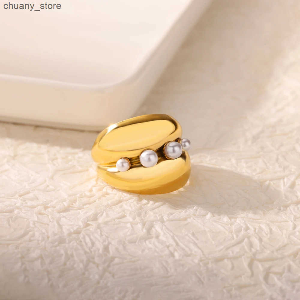 Zircon Pearl Creative Shape Design Stainless Steel Gold Plated Ring for Women Open Adjustable Charm Jewelry Accessory Trendy New z250529KGYF