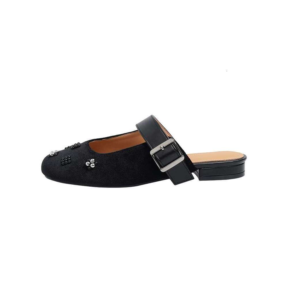 Genuine Leather Velvet Korean Style Round Toe for Women Outdoor 2025 Spring Summer Versatile Mary Jane Mules Sandals