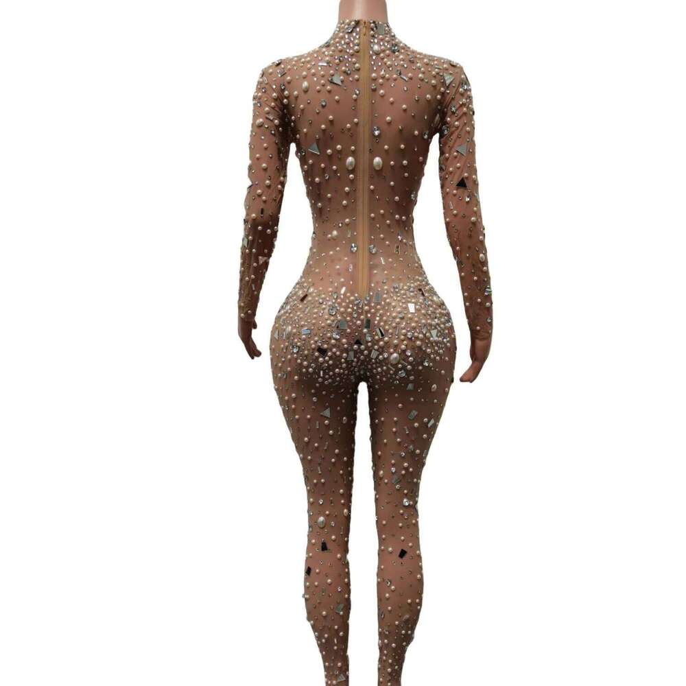 Sexy Mesh Festival Dancer Outfit Show Performance Wear Women Party Club Bodysuits Female Sequins Pearls Rhinestone Jumpsuits