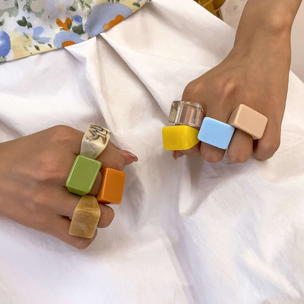 Creative Geometric Square Wide Edge Simple Fashion Colorful Resin Plain Band Ring