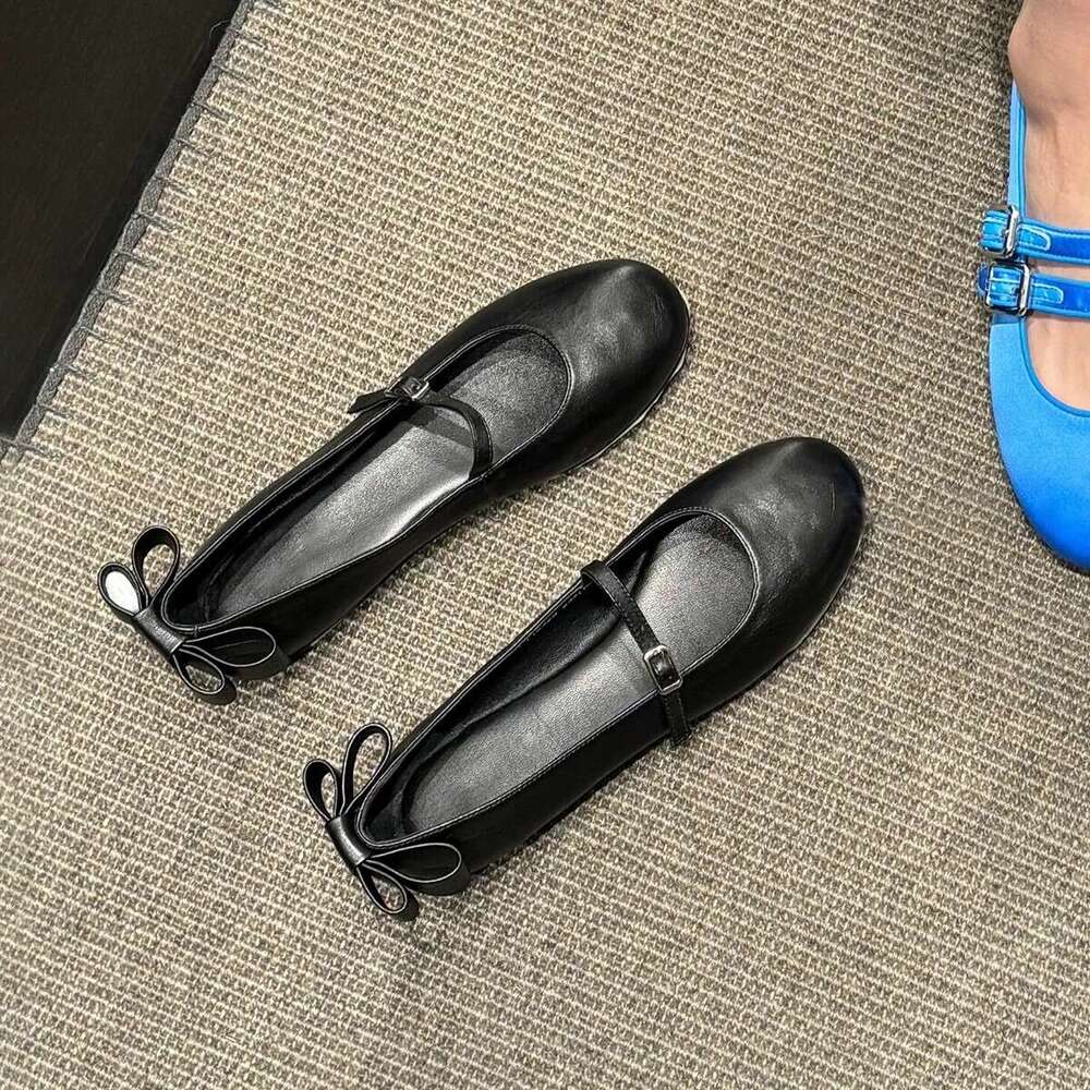 Genuine Leather French Style Back Bowknot Shallow Mouth One-Strap Mary Jane for Women Spring and Autumn New Ballet Flat Shoes