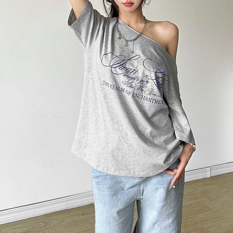 Summer New Women's American Street Fashion Letter Print Asymmetric Shoulder Loose T-Shirt Top B5