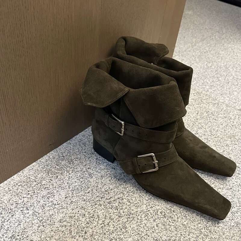 Korean Style Niche Suede Belt Buckle Chunky Heel Square Toe Short Slim Women Autumn Winter Western Cowboy Boots