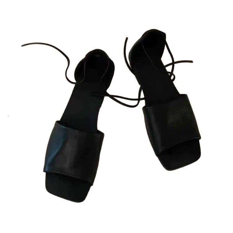 Cowhide Version ~ Korean Style Niche Open-Toe One-Strap Sandals Women 2025 Summer Flat Lace-Up Backless Half Slippers for Outdoor Wear