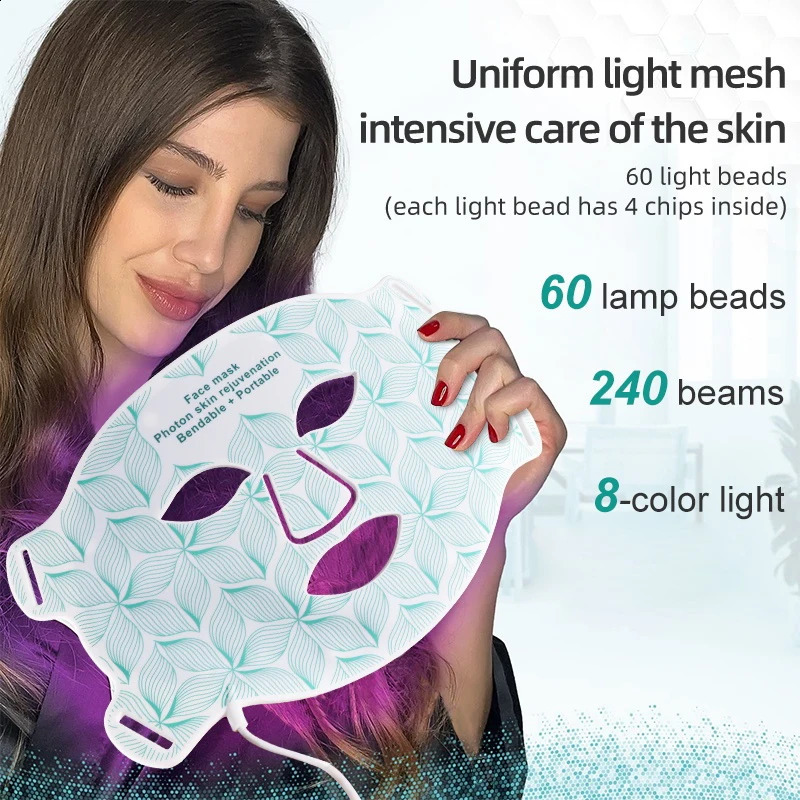 8 Colors Facial LED Mask with Neck Red Light Near Infrared Beauty Mask Aging Skin Rejuvenation 250528