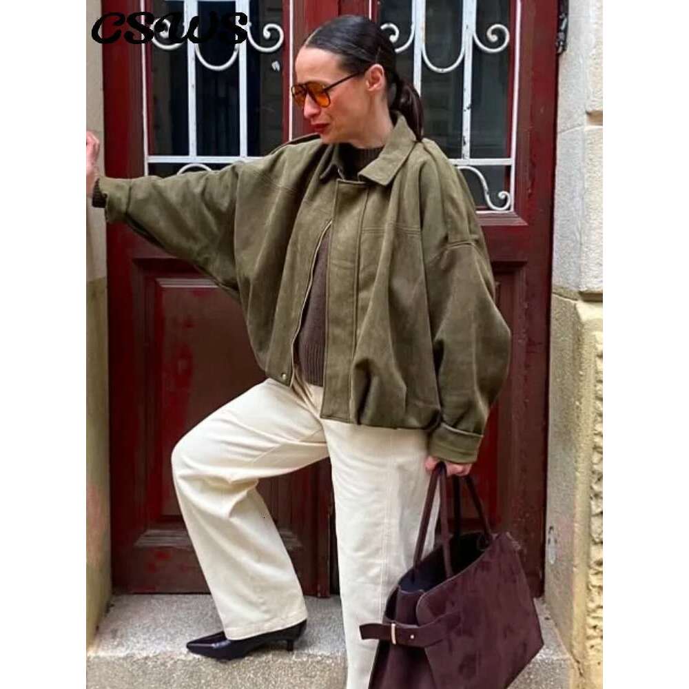 Street Women's Suede Bomber Jacket Fashion Lapel Zipper Full Sleeve Female Coats 2025 Spring Lady Casual Commute Vintage Outwear
