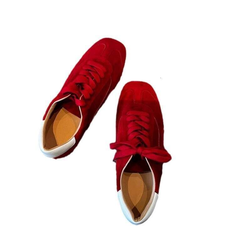 Genuine Leather Red Square Toe Flat Agan Casual Lightweight Sneakers Versatile Lace-up German Training Women's Shoes