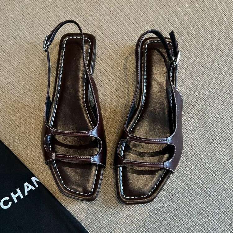Cowhide Version ~ Niche Open-Toe Flat Roman Sandals for Women 2025 Summer Beach Casual Back Strap Slippers