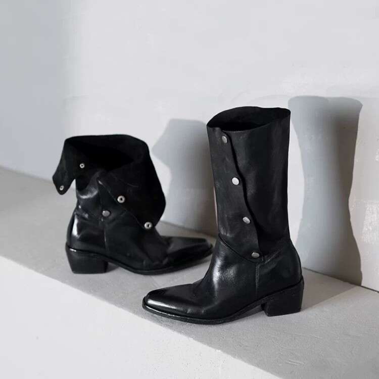 British Style High-End Niche Turn-Down Collar Two-Way Western Cowboy for Women, Autumn and Winter Thick Heel Mid-Calf Riding Boots