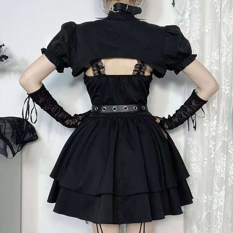 Y2k Black Gothic Lolita Shoulder Top Punk Style Bandage Mini Dress Women Sexy Dresses Club Clothes