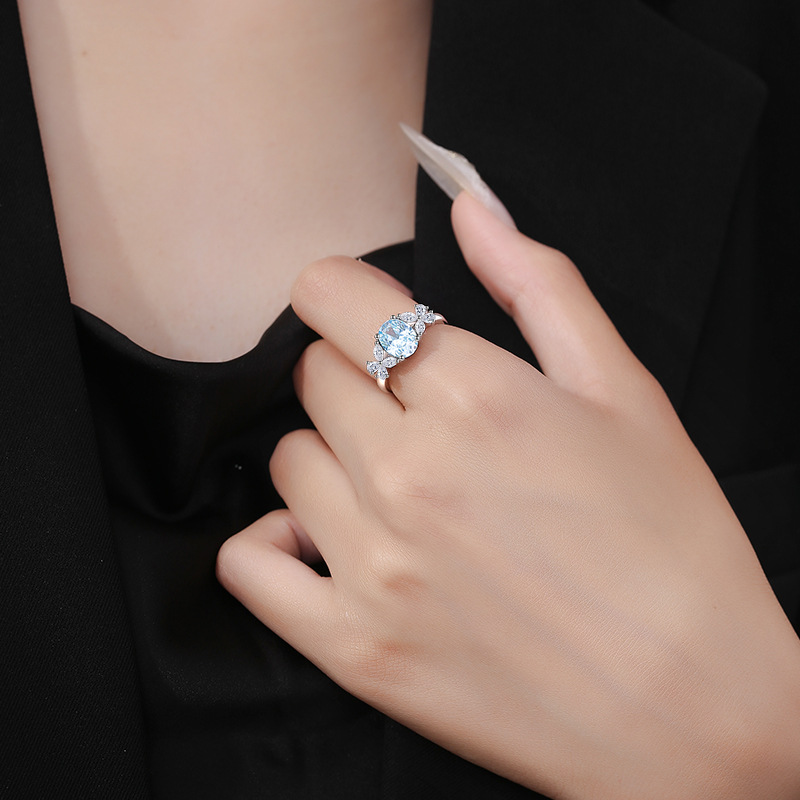 S925 Sterling Silver Minimalist Blue and Green Gemstone Ring, Elegant Korean Style Jewelry for Women, Luxury Fashion Ring