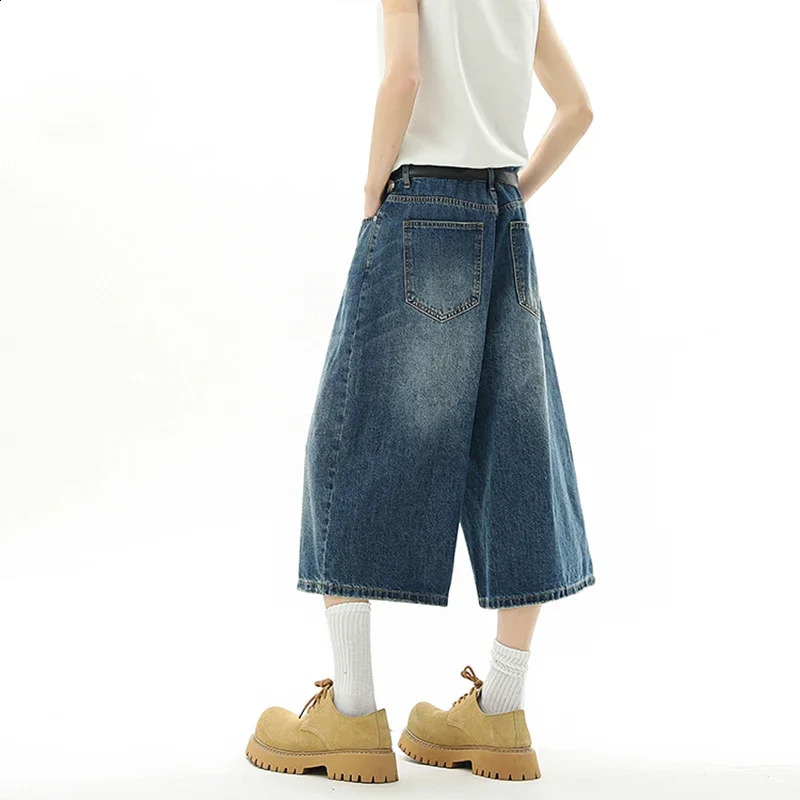 Mens Baggy Denim Shorts Summer Jorts Fashion Retro Casual Loose Wide-leg Calf-length Jeans Y2K Streetwear Korean Style 250527