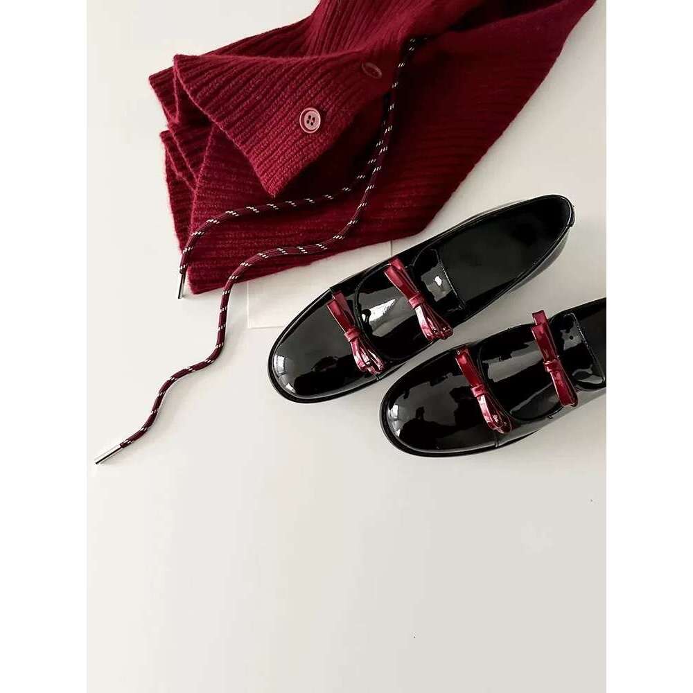 Korean Style Double Bow Patent Leather Women's Loafers Spring Autumn New Chunky Heel Round Toe Slip-On Commuter Shoes