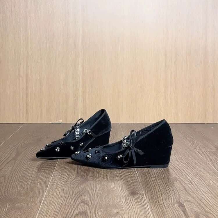 Genuine Leather Velvet French Style Shallow Pointed Toe Wedge Metal Strap Mary Jane Shoes for Women 2025 Spring High Heels