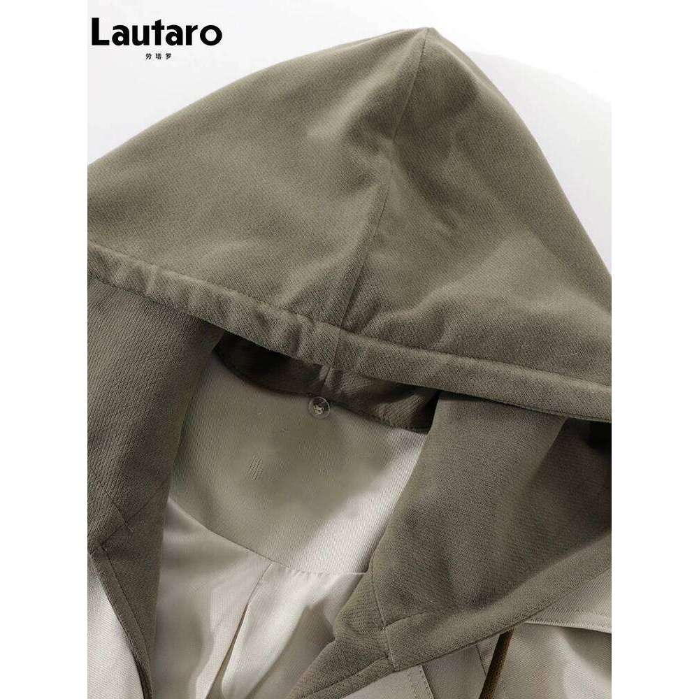 Lautaro Spring Autumn Flowy Casual Trench Coat for Women Belt Double Breasted Loose Designer Fake 2 Pieces Clothes