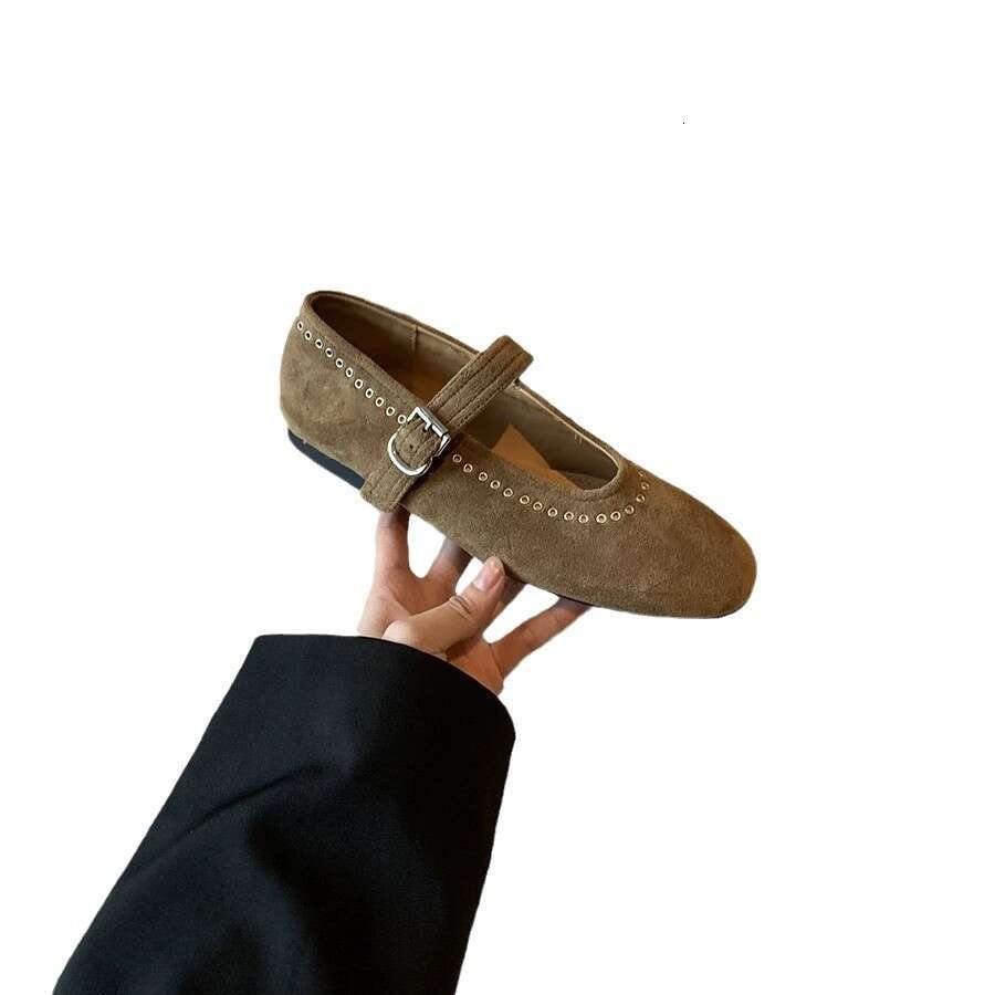 French Style Genuine Leather Suede Mary Jane with One-Strap Buckle, 2024 New Versatile Flat Round Toe Studded Single Shoes for Women