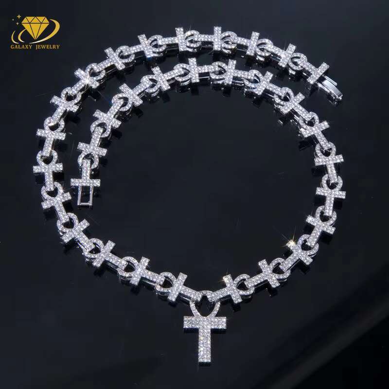 New Arrivals Hiphop Jewelry Iced Pass Test 925 Silver Rhodium/Gold/Rose Gold 16mm Cross Necklace Vvs Moissanite Cuban Link Chain