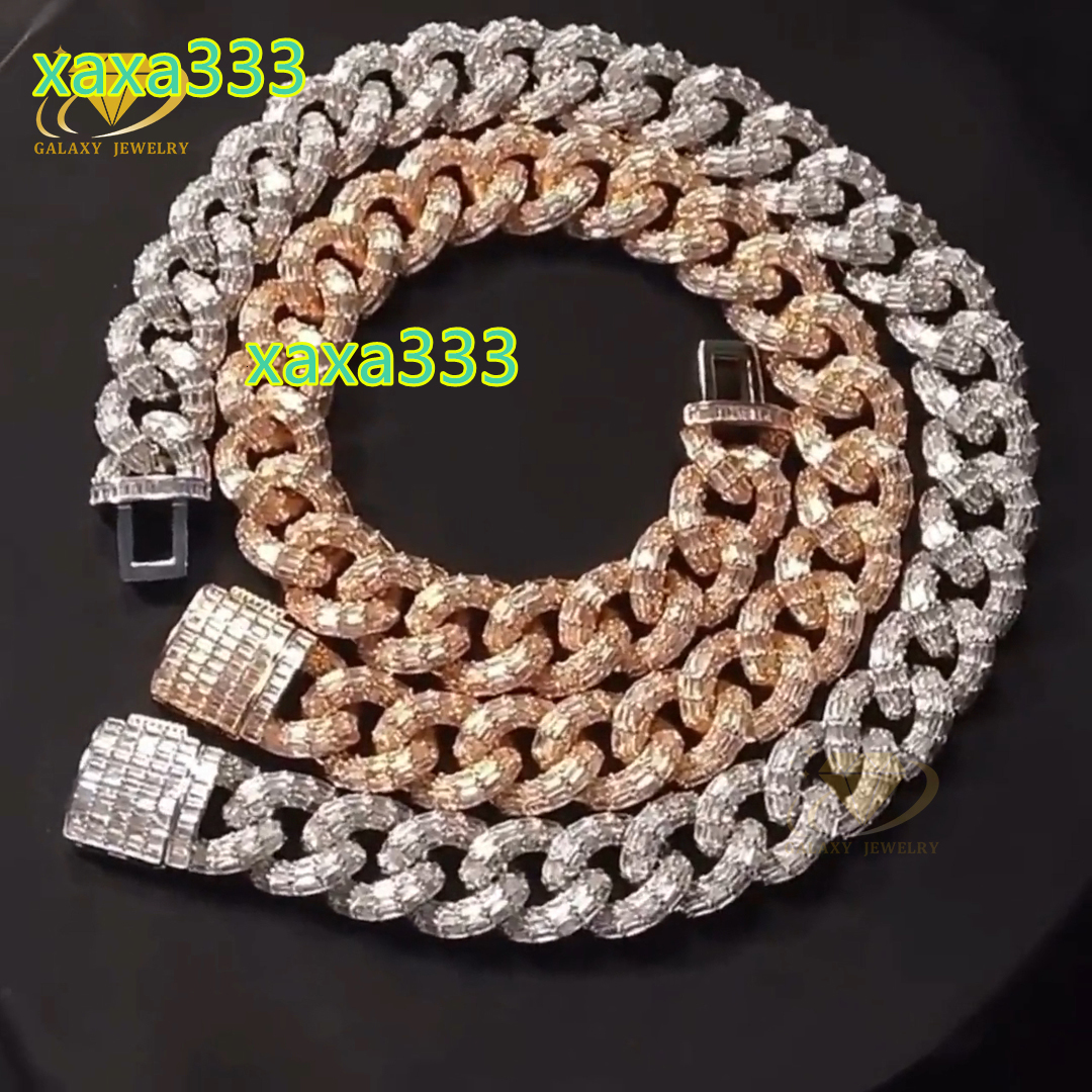 100% Pass Tester Vvs Moissanite Diamond 12mm 15mm Wide Baguette Cut Silver Cuban Link Chain for Rapper Hiphop Necklace