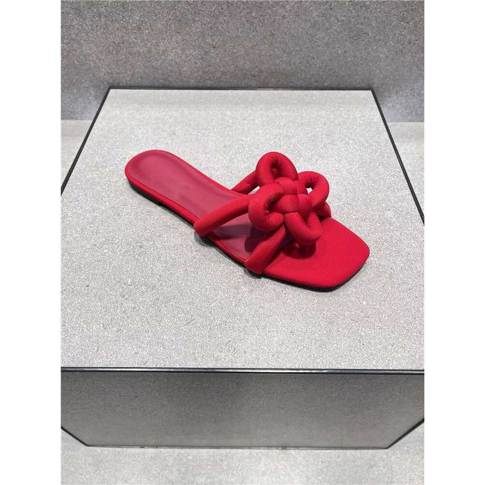 Genuine Leather Style Red Chinese Knot Flat Casual One-Word Slippers for Women Outdoor 2025 New Square Toe Sandals