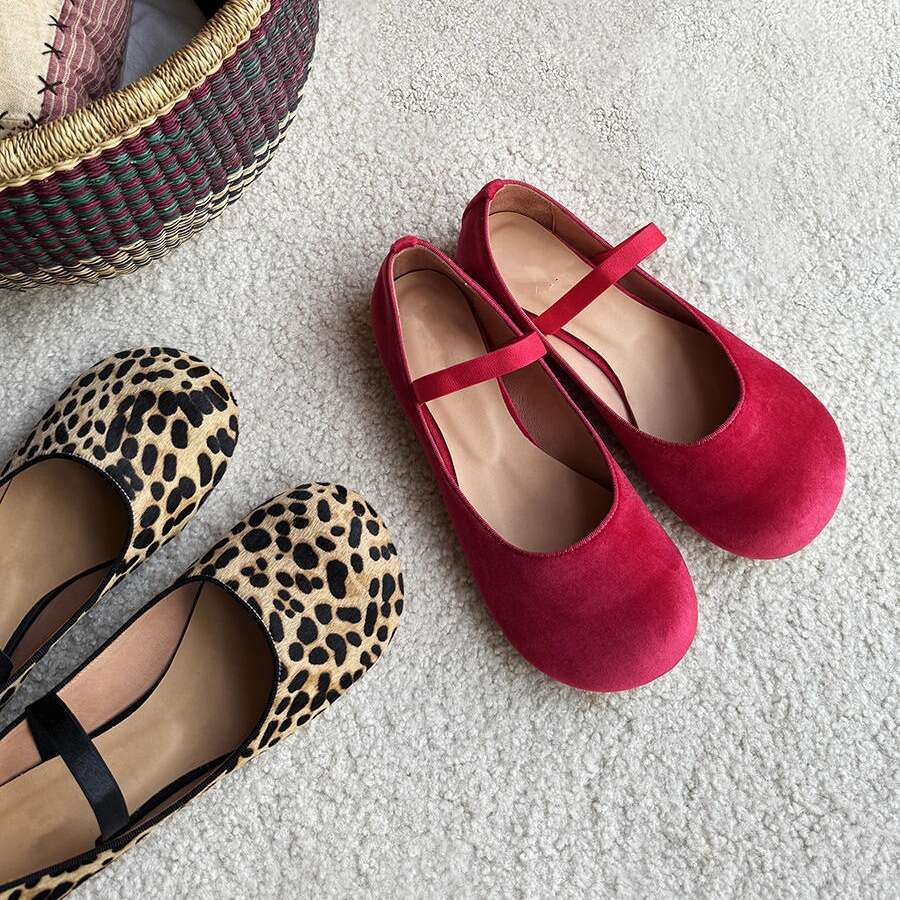 Genuine Leather Round Toe Leopard Print Shallow Mouth Mary Jane Shoes for Women Summer Autumn Ballet Flats