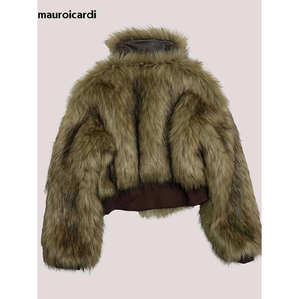 Mauroicardi Winter Short Warm Thick Hairy Shaggy Faux Raccoon Dog Fur Coat Women Long Sleeve Designer Fluffy Jacket 2025