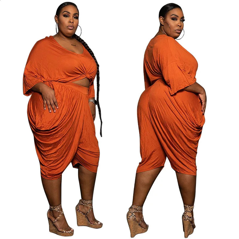 Plus Size Women Clothing Wholesale Casual Fashion Solid Loose Crop Top Stacked Wide Leg Pants Two Piece Sets Summer Drop 250527