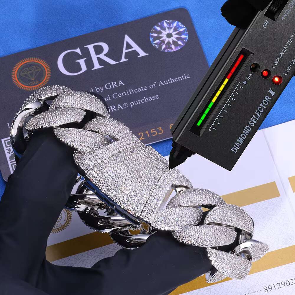 Wholesale 24mm Hip Hop S925 Silver VVS Moissanite Bracelet Blue Gemstone Cuban Chain Trend All-Match Mens Necklace Custom