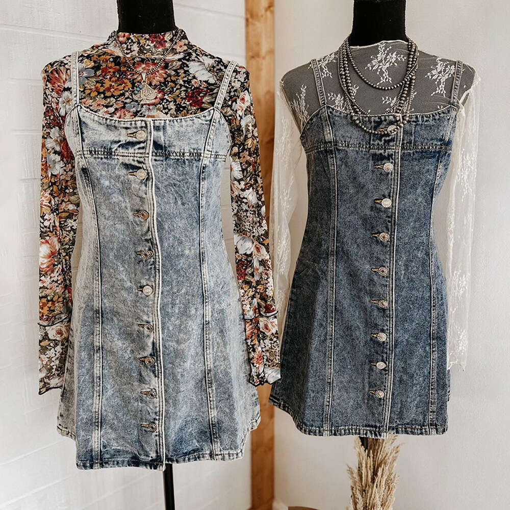 Early Autumn Vintage Strap Casual Western Style Slim Fit Denim Dress B5
