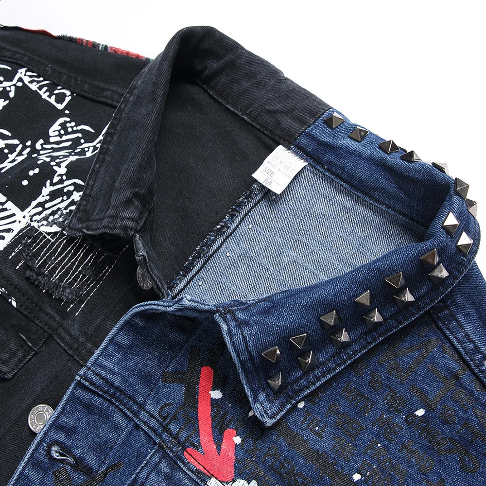 Men Punk Rivet Check Print Denim Jacket Holes Ripped Plaid Patches Patchwork Jean Coat Painted Blue Black Spliced Outerwear 250516