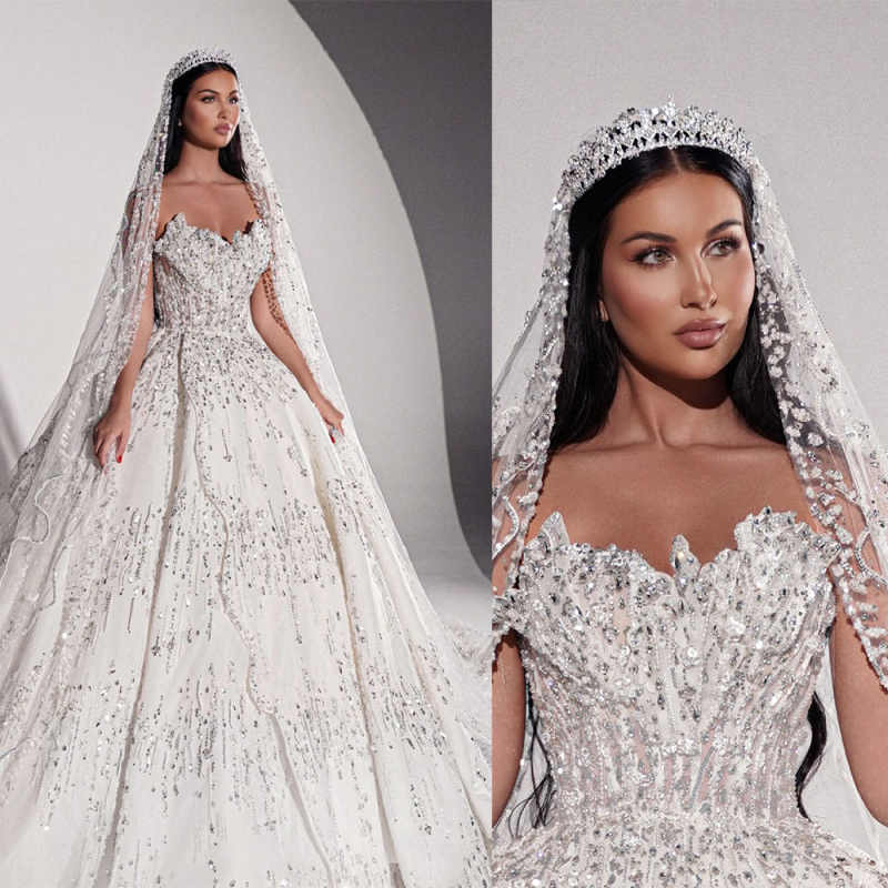 Luxurious Sweetheart Wedding Dress Ball Gown Elegant Sequined Lace Bridal Dress Customized Sleeveless vestidos de novia
