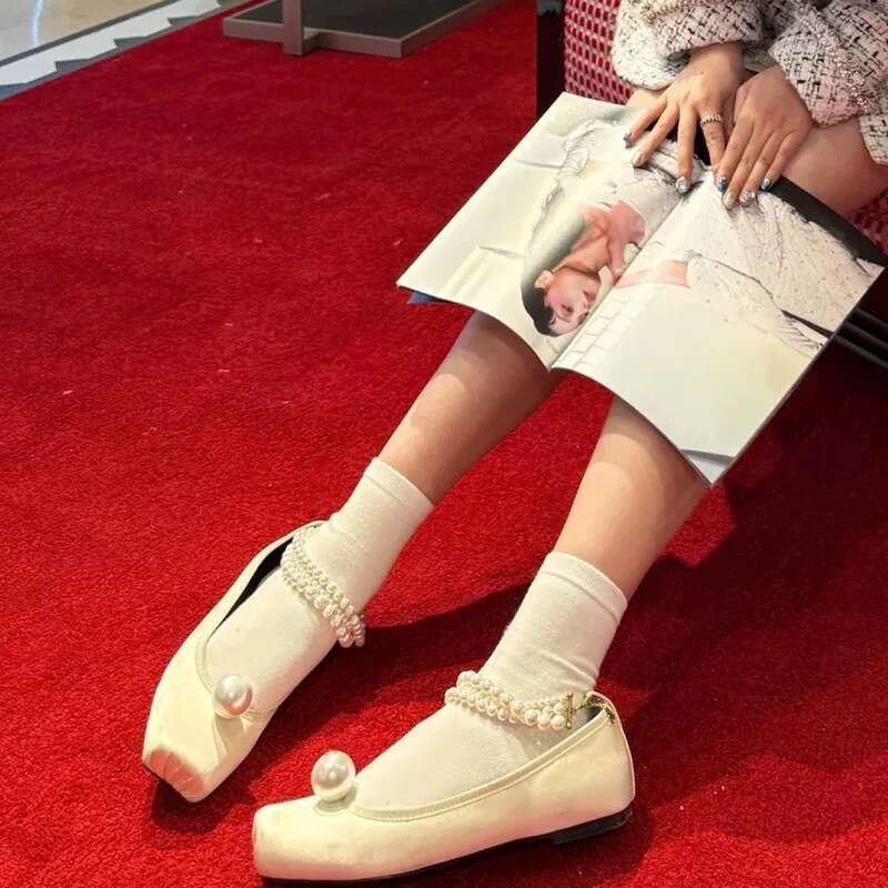 Genuine Leather Satin French Niche Pearl Square Toe Ballet for Women 2025 Spring Super Popular Shallow Mouth Single Flat Shoes