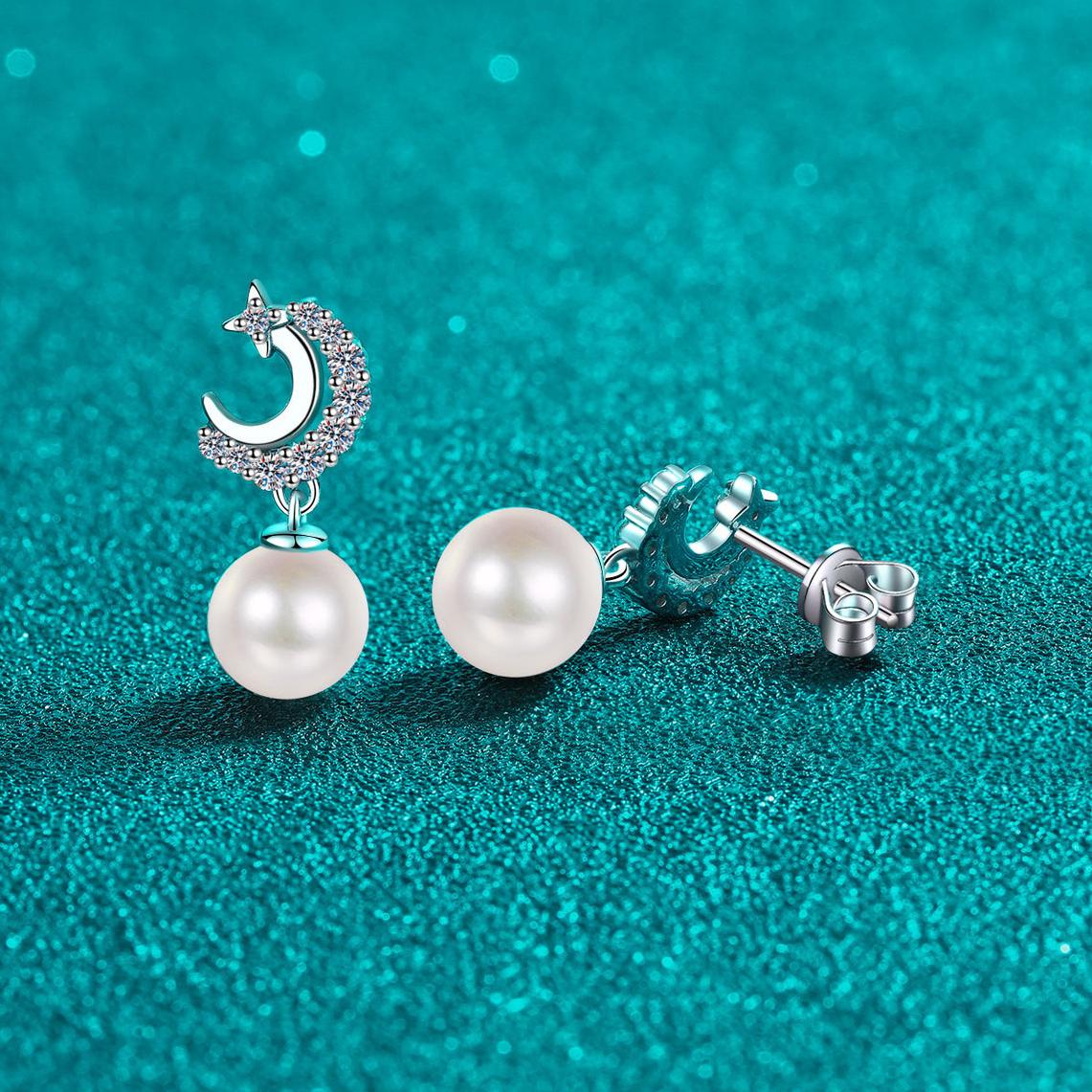 Moissanite S925 Silver Pearl Stud Earrings for Women, Fresh and Cute Star Moon Design, Sweet Fashionable Earrings with Elegant Charm