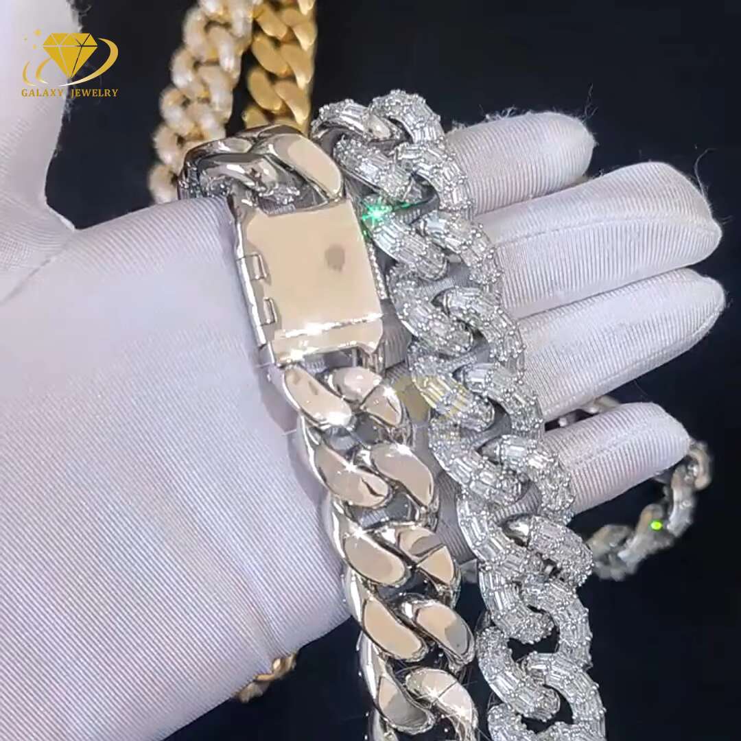 100% Pass Tester Vvs Moissanite Diamond 12mm 15mm Wide Baguette Cut Silver Cuban Link Chain for Rapper Hiphop Necklace