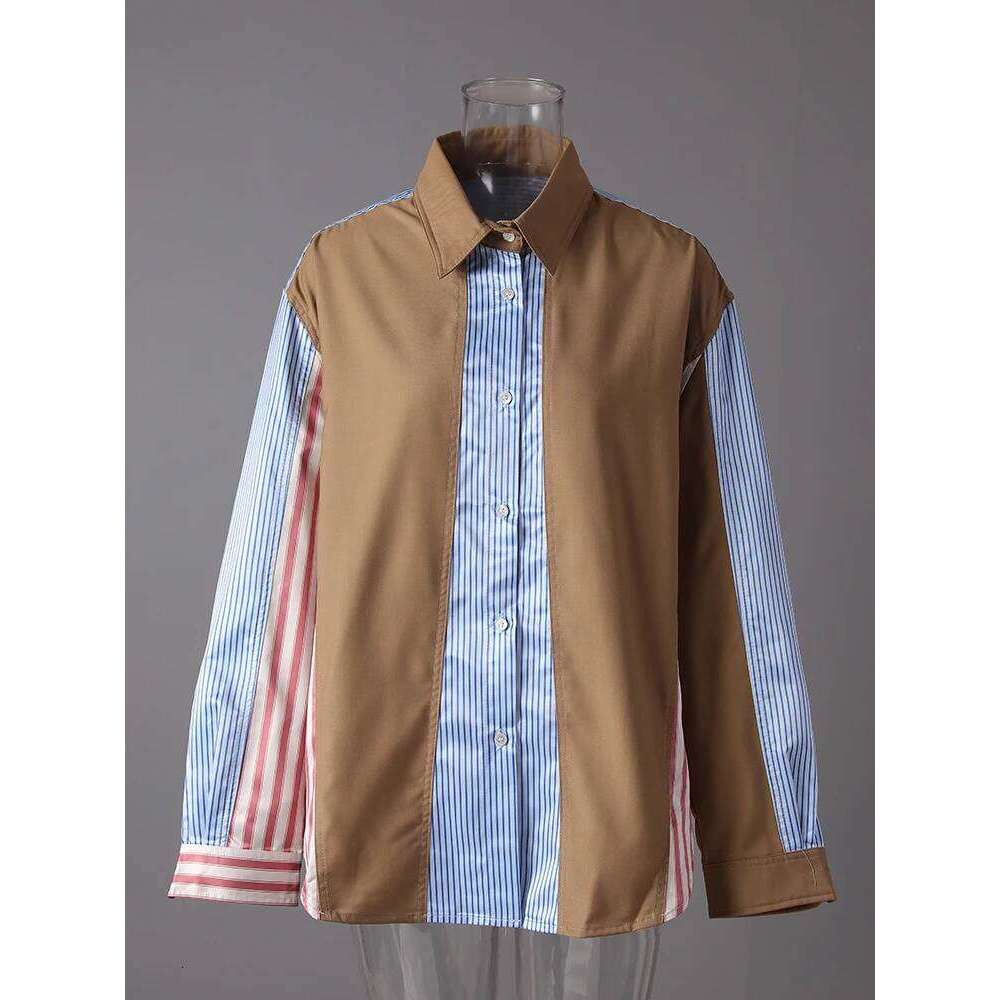 Women's Wear Women Khaki Striped Color-Block Big Size Casual Blouse New Lapel Long Sleeve Shirt Fashion Tide Spring Autumn 7Ab8930