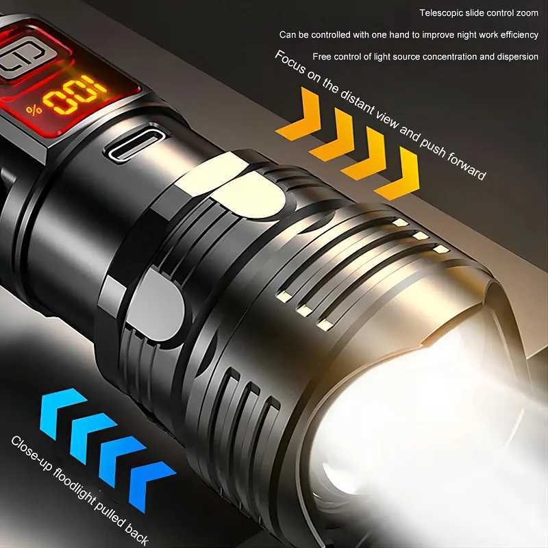 300000 LM High Power LED Flashlight Digital Display Portable USB Rechargeable Lantern Outdoor Tactical Torch Camping Work Lights XJ250529