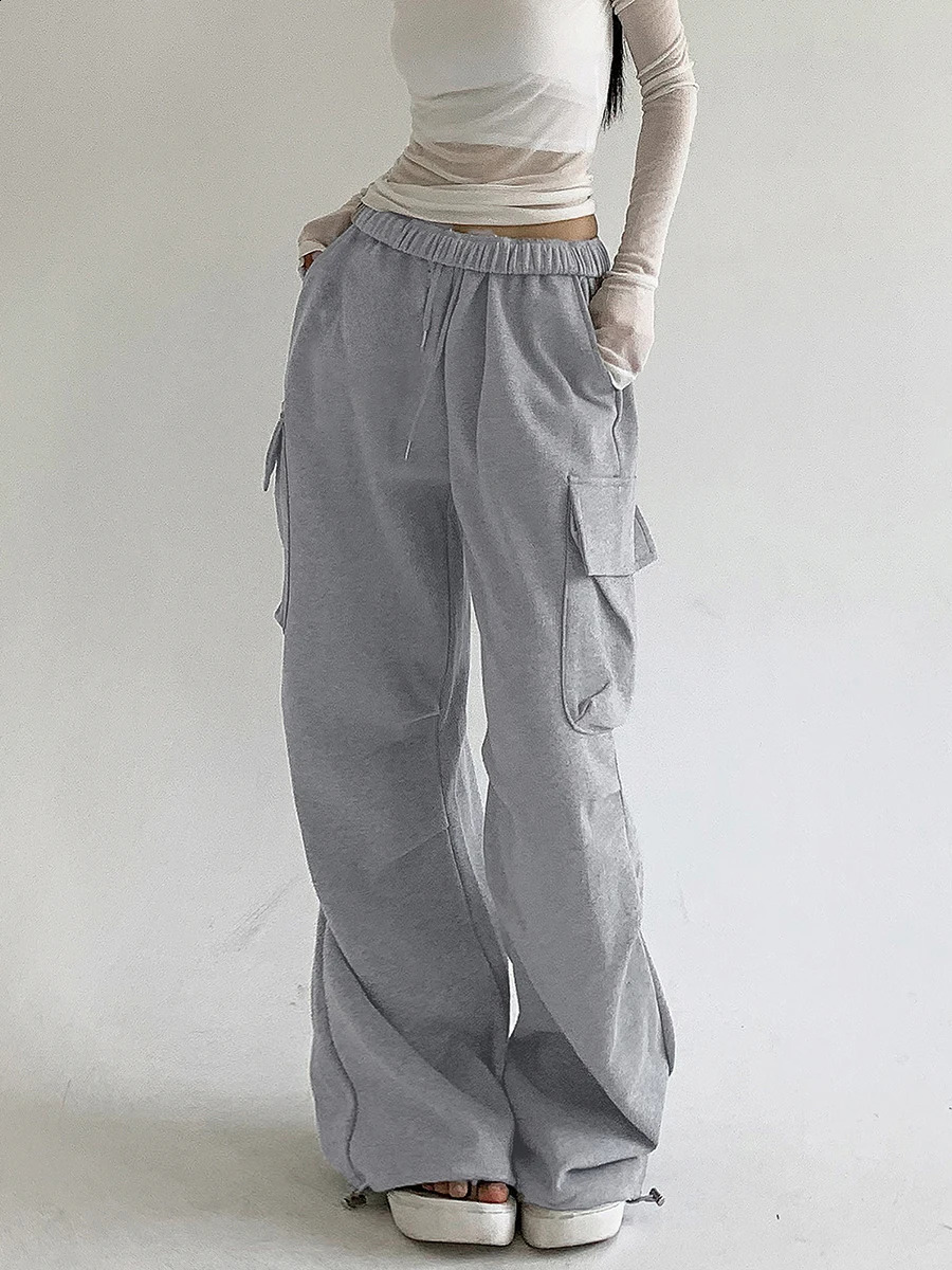 Women s Baggy Cargo Pants High Waist Solid Color Parachute Pants Ruched Sweatpants with Flap Pockets 250529Z