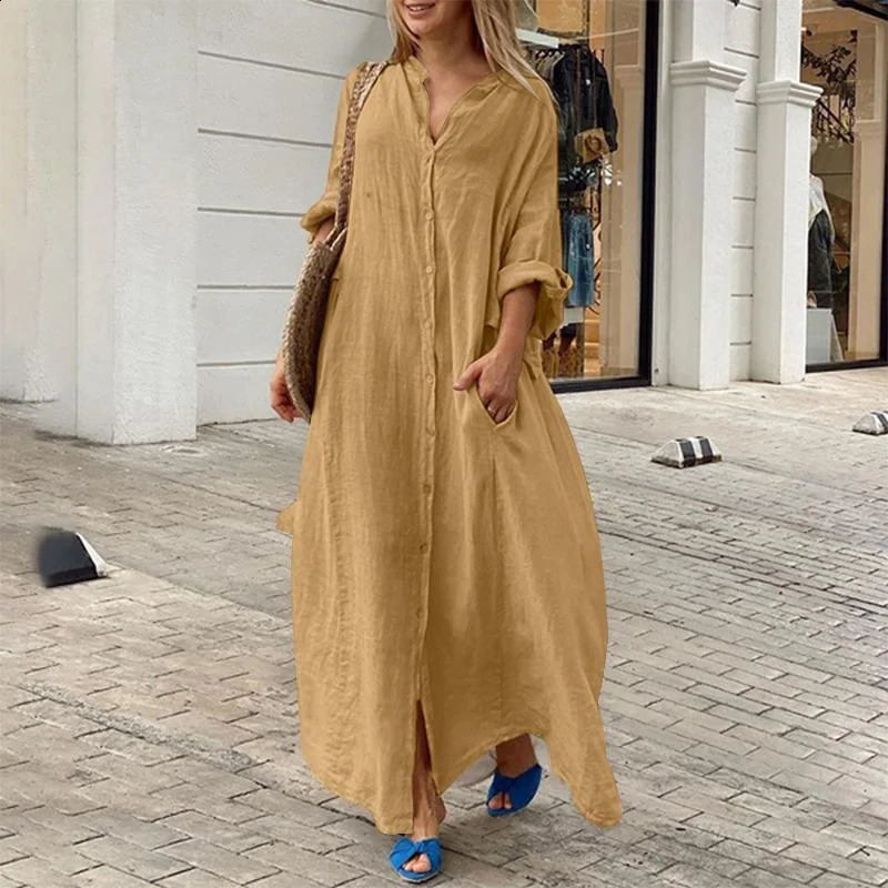 Women Cotton Linen Comfortable Dresses Casual Solid Color Large Size Loose Dress Female Single-breasted Cardigan Gown 4 250517