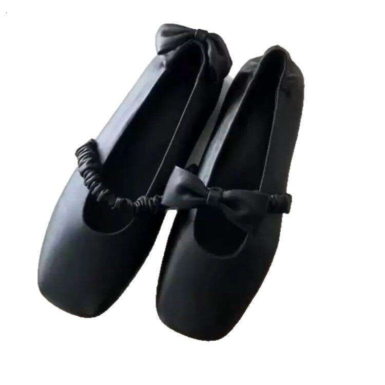 Genuine Leather Korean Style Bowknot Square Toe Mary Jane for Women 2025 Spring Ballet Flat Shoes