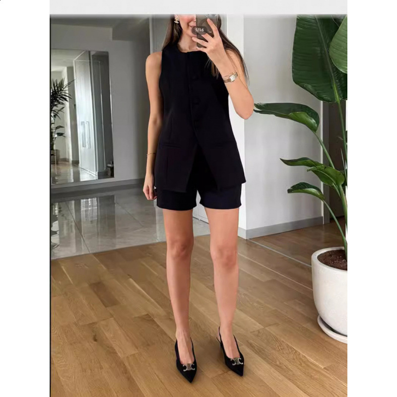 PREPOMP Spring Sequins Bright Silk Metal Buttons Tweed Vest Purple Shorts Two Piece Set Women Outfits GP383 240520
