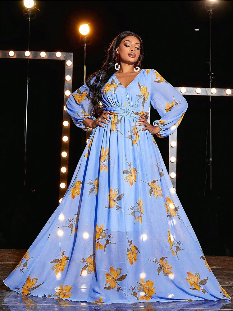 TOLEEN Women Plus Size Maxi Dresses Spring Sexy Backless Blue Evening Gown Lantern Sleeve Chiffon Ball Birthday Party Dress 250517