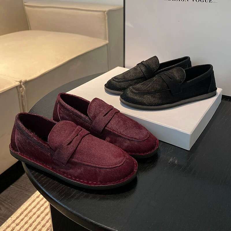 Niche Horsehair Round Toe Flat Loafers Women, Autumn and Winter New Casual Versatile Slip-On Shoes for Women