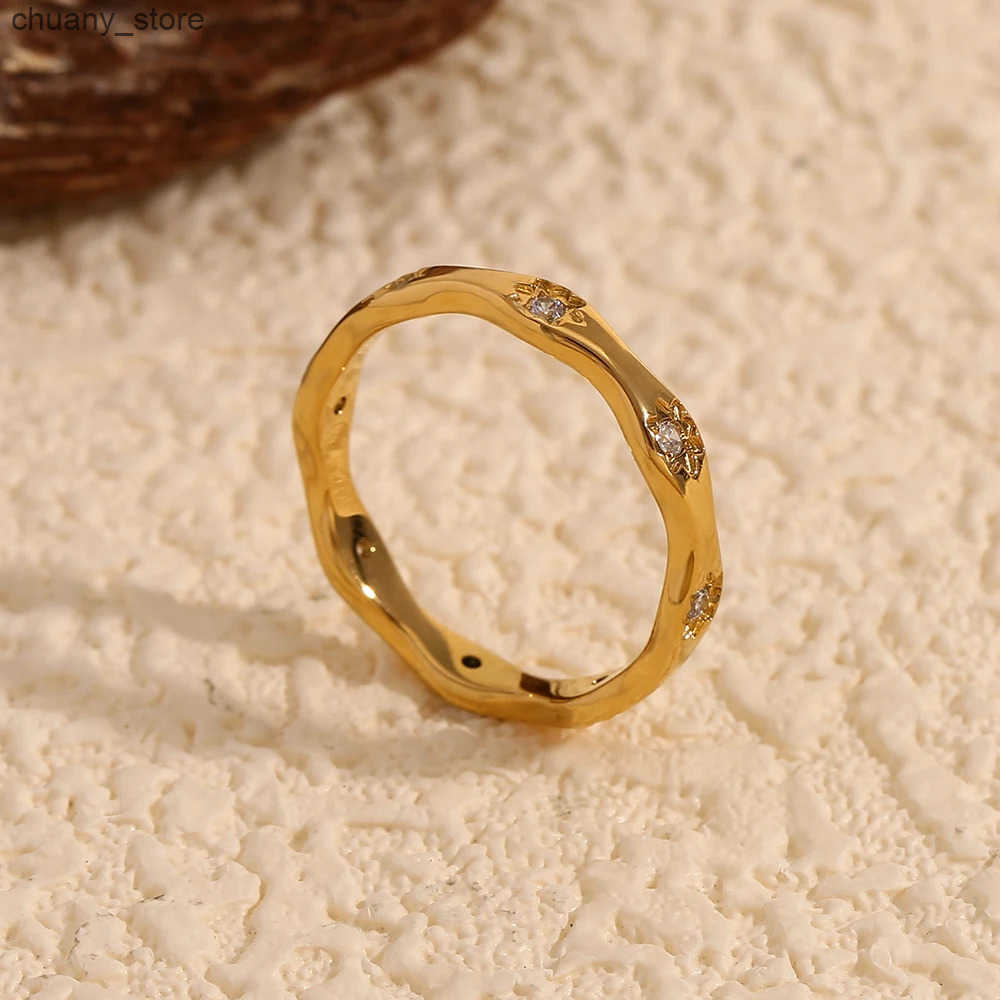 E.B.belle Rhinestone Eight Awn Star Wave Shape Ring Stainless Steel 18k Gold Plated Exquisite Women Jewelry For Party Dating z2505293FAM
