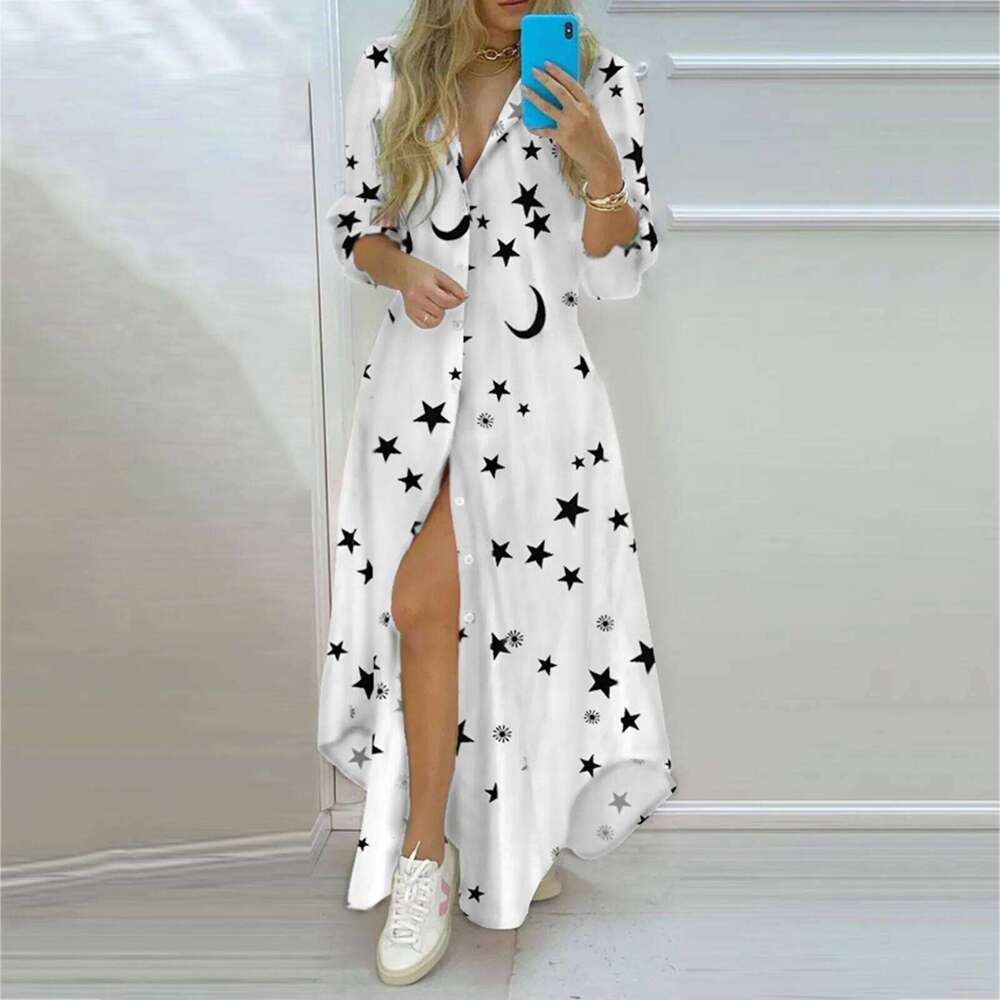 Women's Wear Summer Women Boho Single Breasted Button Shirt Turn-Down Collar Irregular Long Dress Female Sexy Printed Maxi Dresses Robe