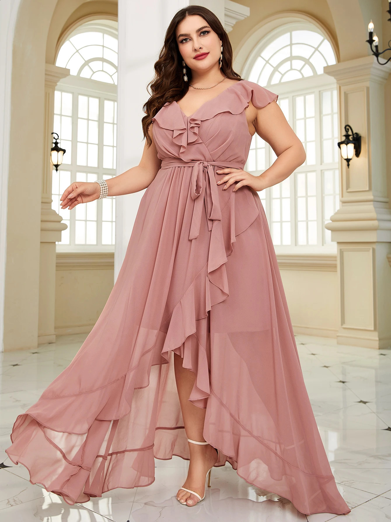 Unithorse Plus Size Women Summer Asymmetric Ruffle Lace Dress With Waist Belt Elegant Chiffon Formal Bridesmaid 250517
