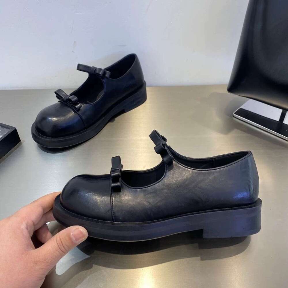 Genuine Leather Double Bowknot Shallow Mouth Thick Sole Round Toe Women's Shoes 2025 Spring Summer Chunky Heel Mary Jane Loafers