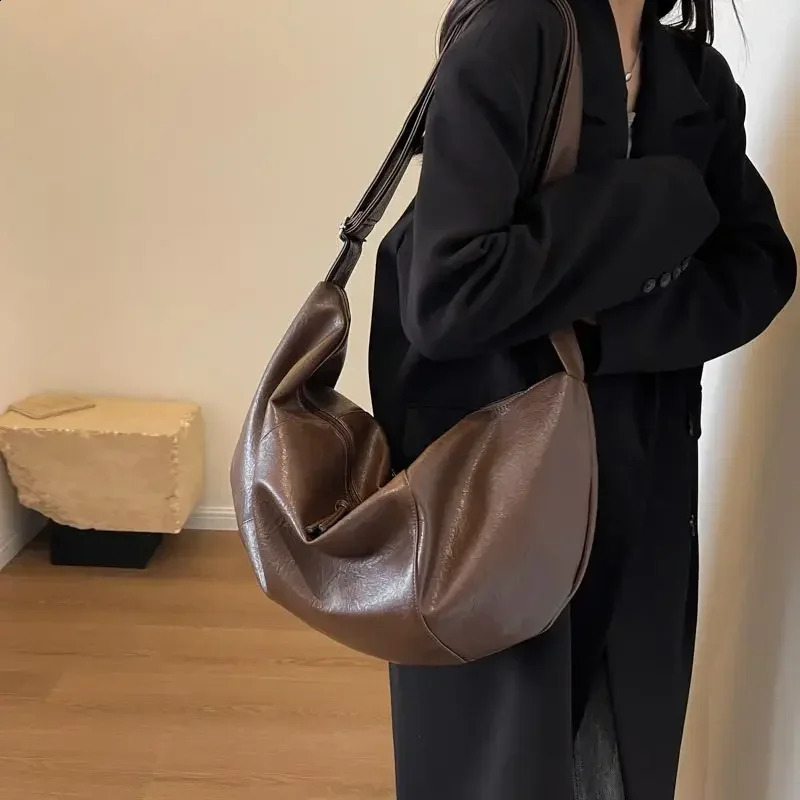Miyagawa Retro Korean Version Ins Hobos Bag Causal Large Capacity PU Soft Simple and Casual Tote Leather Shoulder Bags 250523