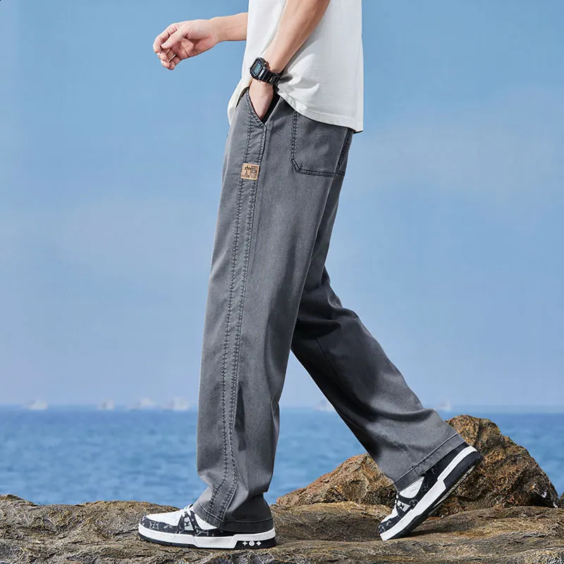 Mens Thin Straight Baggy Jeans Summer Clothes Lyocell Casual Elastic Waist Loose Male Wide Denim Trousers Blue Gray Black 250515